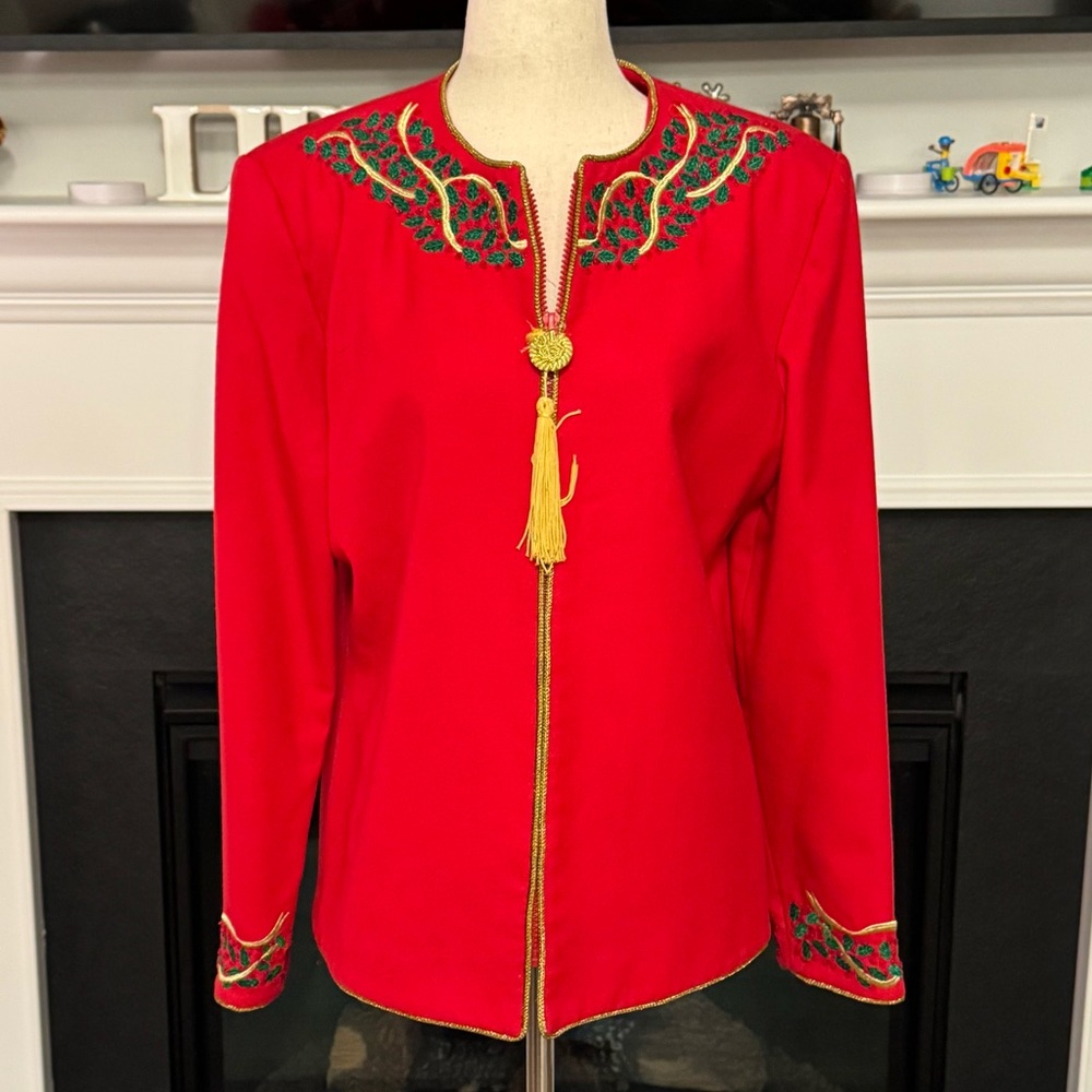 Vintage Jenna Red Wool Embroidered Jacket with Tassel Trim – Size 10